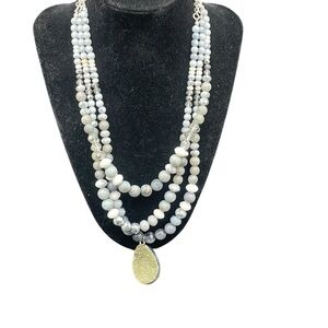 Elegant Multi-Strand White and Silver Beaded Necklace Pear Druzy